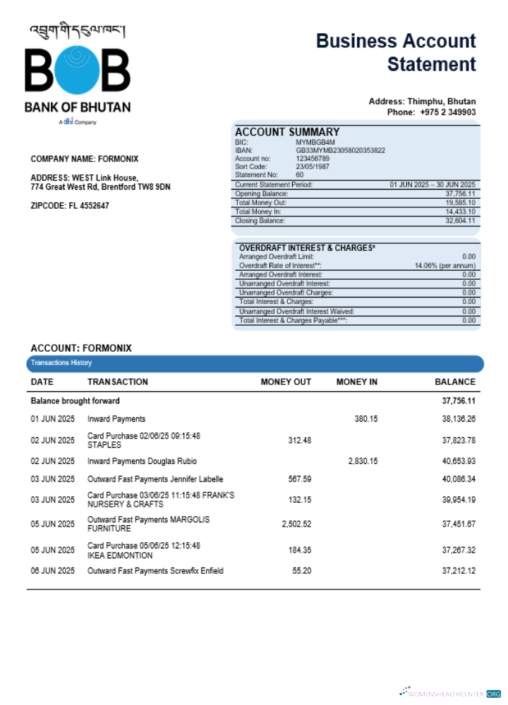 Download Bank of Bhutanese enterprise account statement Word and PDF template Photoshop template